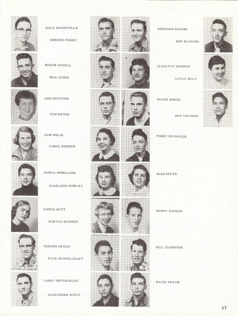 1955 Dale McConville, Gordon Peden, Roger Magill, Bill Quinn, Ann Metzger, Tom Remus, Lois Mills, Carol Render, Janice Moreland, Charlene Rowley, Janice Nutt, Martha Schmidt, Vernon Orman, Paul Schoolcraft, Larry Osterhoudt, Alexander Scott, Bernard Shears, Bob Watkins, Jeanette Skinner, Letha Wolf, Roger Sorge, Don Younkin, Terry Spangler, Jean Speth, Kenny Tausan, Bill Thurston, David Votaw,    