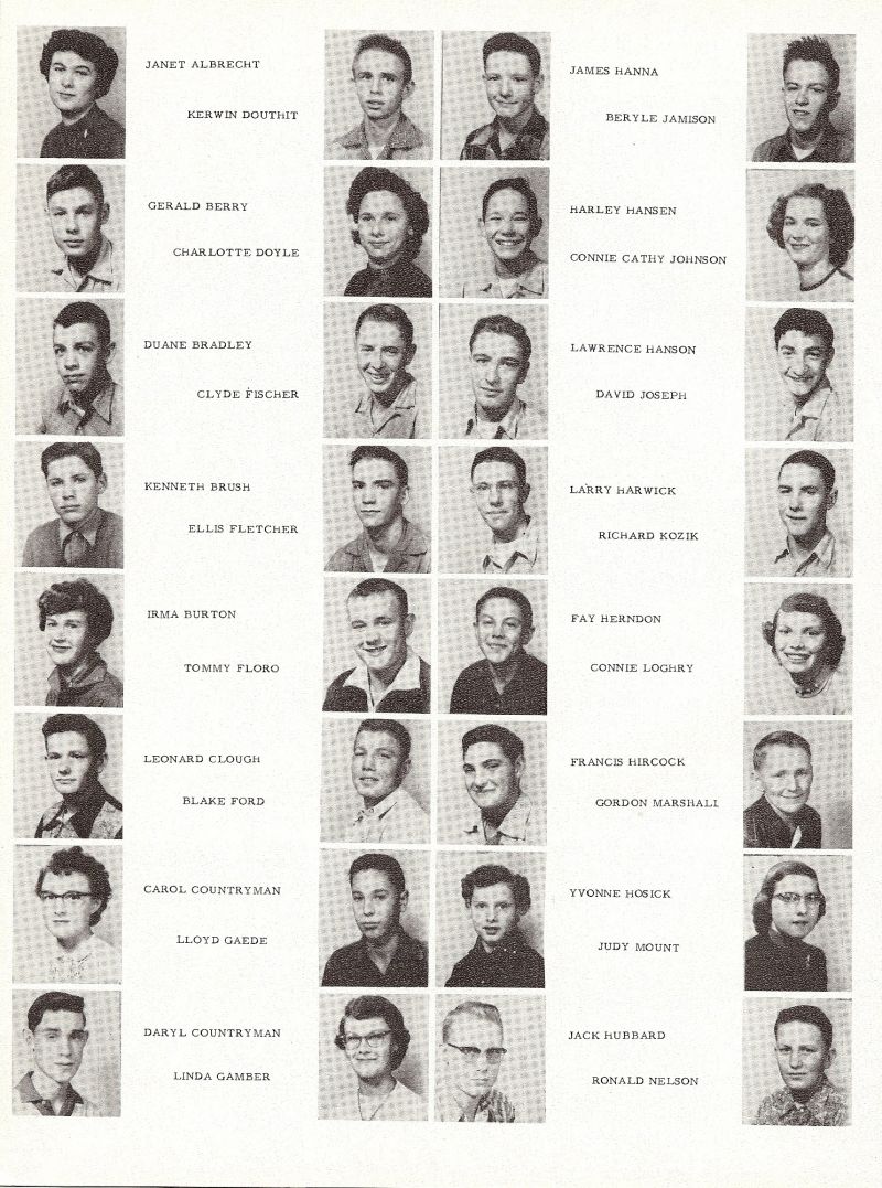 1955 Janet Albrecht, Kerwin Douthit, Gerald Berry, Charlotte Doyle, Buane Bradley, Clyde Fischer, Kenneth Brush, Ellis Fletcher, Irma Burton, Tommy Floro, Leonard Clough, Blake Ford, Carol Countryman, Lloyd Gaede, Daryl Countryman, Linda Gamber, James Hanna, Beryle Jamison, Harley Hansen, Connie Cathy Johnson, Lawrence Hanson, David Joseph, Larry Harwick, Richard Kozik, Fay Herndon, Connie Loghry, Francis Hircock, Gordon Marshall, Yvonne Hosick, Judy Mount, Jack Hubbard, Ronald Nelson,   