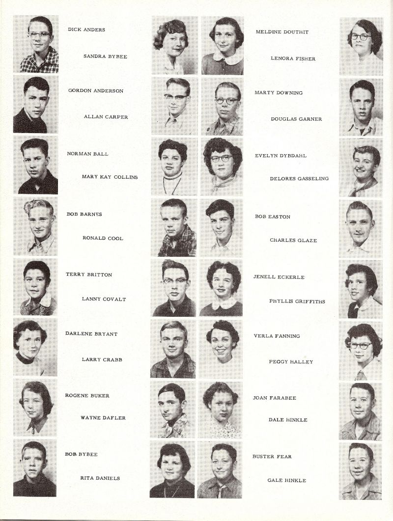1955 Dick Anders, Sandra Bybee, Gordon Anderson, Allan Carper, Norman Ball, Mary Kay Collins, Bob Barnes, Ronald Cool, Terry Britton, Lanny Covalt, Darlene Bryant, Larry Crabb, Rogene Buker, Wayne Dafler, Bob Bybee, Rita Daniels, Meldine Douthit, Lenora Fisher, Marty Downing, Douglas Garner, Evelyn Dybdahl, Delores Gasseling, Bob Easton, Charles Glaze, Jenell Eckerle, Phullis Griffiths, Verla Fanning, Peggy Halley, Joan Farabee, Dale Hinkle, Buster Fear, Gale Hinkle,  