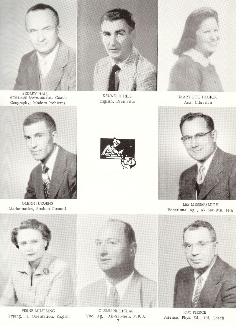 1958 Sedley Hall. Kenneth Hill. Mary Lou Hosick. Lee Messersmith. Glenn Jurgens. Ferne Mintling. Glenn Nicholas. Roy Pierce. 