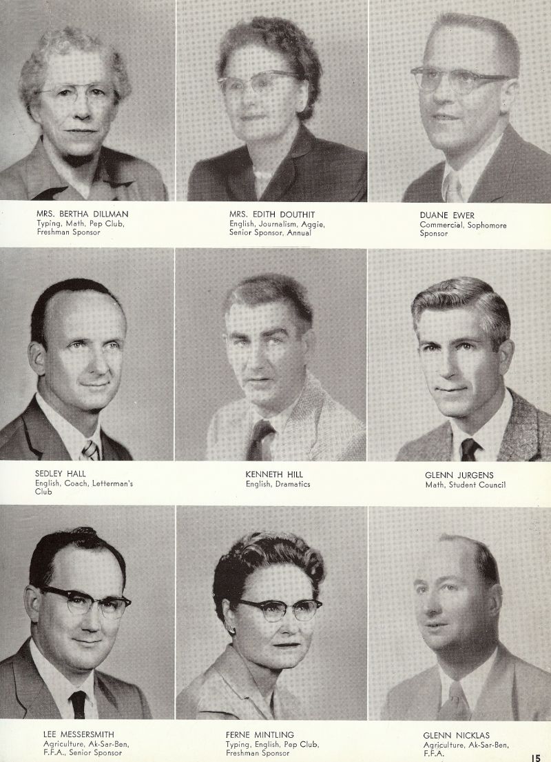 1959 Bertha Dillman. Edith Douthit. Duane Ewer. Sedley Hall. Kenneth Hill. Glen Jurgens. Lee Messersmith. Ferne Mintling. Glenn Nicklas.  