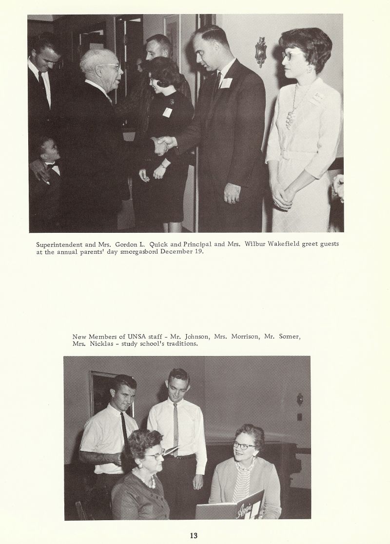 1964 Superintendent Gordon Quick. and Mrs. Gordon L Quick. Principal Wakefield. and Mrs Wilbur Wakefield. Mr. Johnson. Mrs Morrison. Mr. Somer. Mrs. Nicklas. 