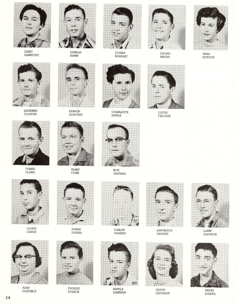 1956 Janet Albrecht, Gerald Berry, Leonard Clough, Kerwin Douthit, Duane Bradley, Duane Brush, Irma Burton, Charlotte Doyle, Clyde Fischer, Bob Gadway, Harley Hansen, Lawrence Hansen, Larry Harwick, Tomie Floro, Blake Ford, Lloyd Gaede, James Hanna, David Joseph, Cathy Johnson, Beryle Jamison, Joan Hatfield, Yvonne Hosick,  