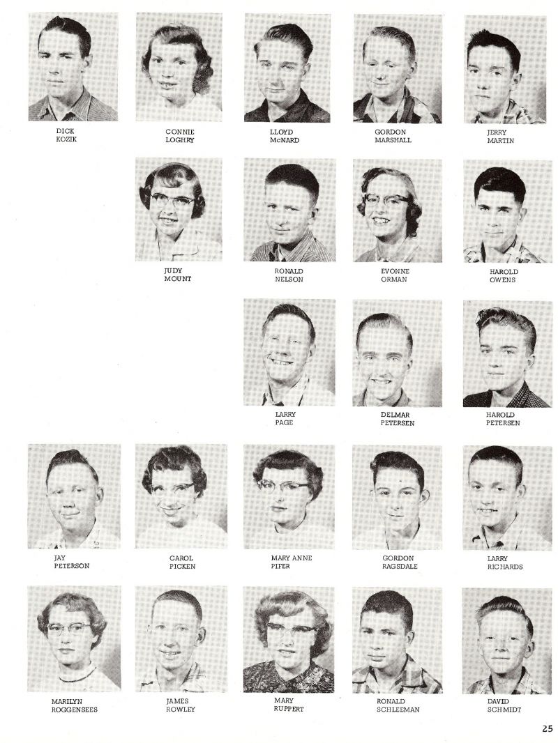 1956 Dick Kozik, Connie Loghry, Lloyd McNard, Gordon Marshall, Judy Mount, Ronald nelson, Evonne Orman, Jerry Martin, Harold Owens, Harold Petersen, Delmar petersen, Larry Page, Mary Anne Pifer, Gordon Ragsdale, Larry Richards, Jay Peterson, Carol Picken, Marilyn Roggensees, James Rowley, Mary Ruppert, Ronald Schleeman, David Schmidt,