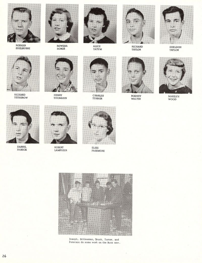 1956 Roger Shelburne, Rowena Sorge, Alice Tatum, Richard Tetherow, Henry Thomann, Charles Turner, Richard Taylor, Sheldon Taylor, Rodney Walter, Marilyn Wood,  Elsie Passmore, Robert Lamphier, Darryl Hosick, Joseph Schleeman, Brush, Turner, Peterson,