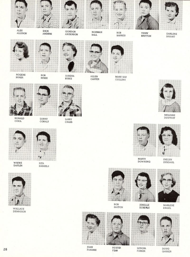 1956 Alex Allison, Dick Anders, Gordon Anderson, Rogene Buker, Bob Bybee, Sandra Bybee, Norman Ball, Bob Barnes, Terry Britton, Darlene Bryant, Mary Kay Collins, Allen Carper, Meldine Douthit, Marty Downing, Evelyn Dybdahl, Larry Crabb, Lanny Covalt, Ronald Cool, Wayne Dafler, Rita Daniels, Wallace Dennison, Wallace Denison, Bob Easton, Jenelle Eckerle, Marlene Engel, Joan Farabee, Buster Fear, Lenora Fischer, Doug Garner,   
