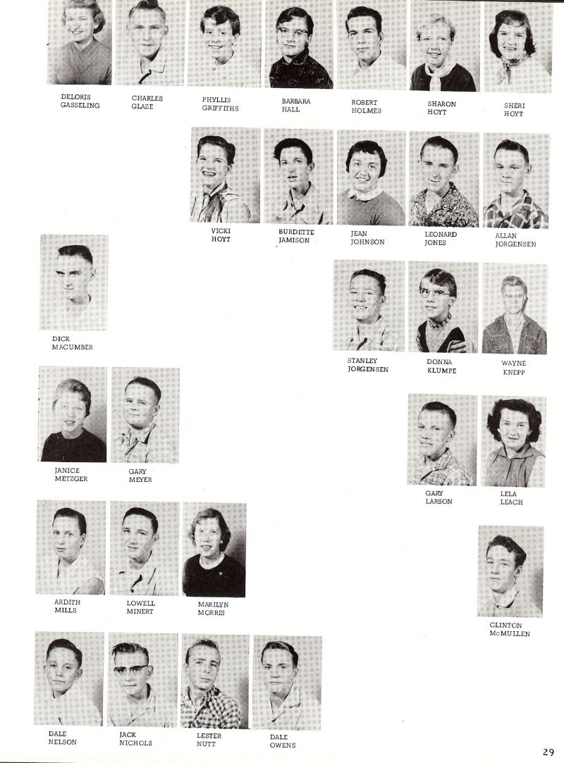 1956 Deloris Gasseling, Charles Glaze, Phyllis Griffiths, Barbara Hall, Vicki Hoyt, Burdette Jamison, Robert Holmes, Sharon Hoyt, Sheri Hoyt, Allan Jorgensen, Leonard Jones, Jean Johnson, Stanley Jorgensen, Donna Klumpe, Wayne Knepp, Gary Larson, Lela Leach, Dick Macumber, Janice Metzger, Gary Meyer, Ardith Mills, Lowell Minert, Marilyn Morris, Dale Nelson, Jack Nichols, Lester Nutt, Dale Owens, Clinton McMullen,  