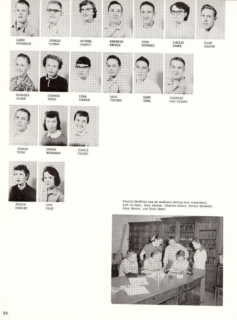1956 Larry Peterson, Gerald Quinn, Burgess Sloan, Connie Teply, Muriel Remus, Kenneth Riddle, Otis Ruppert, JoEllis Sears, Lola Tilson, Jack Tucker, Gary Uzel, Charles Van Cleave, John Shafer, Eldon Voss, Lynne Wiseman, Janice Zysset, Sheila Hawley, Ann Page, Phyllis Griffiths, Gary Larson, Charles Glaze, Evelyn Dybdahl, Gary Meyer, Vicki Hoyt,  