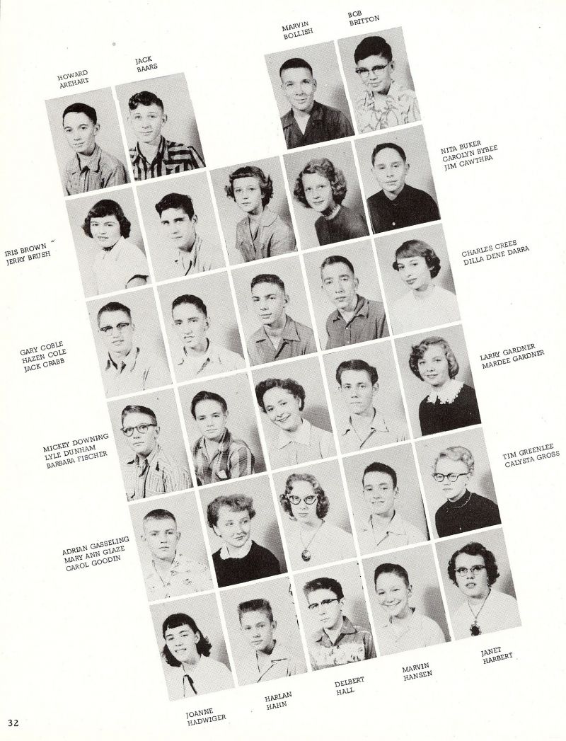 1956 Howard Arehart, Jack Baars, Marvin Bollish, Bob Britton, Nita Buker, Carolyn Bybee, Jim Cawthra, Charles Crees, Dill Dene Darra, Irus Brown Jerry Brush, Larry Gardner, Mardee Gardner, Tim Greenlee, Calysta Gross, Gary Coble, Hazen Cole, Jack Crabb, Mickey Downing, Lyle Dunham, Barbara Fischer, Janet Harbert, Marvin Hansen, Delbert Hall, Harlan Hahn, Joanne Hadwiger, Adrian Gasseling, Mary Ann Glaze, Carol Goodin,  