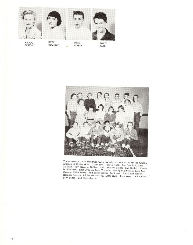 1956 Carol Wright, Ruby Younkin, Ruth Zysset, David Earl, Jim Cawthra, Lyle Durham, Roy Stivers, Delbert Hall, Marion Tatum, Delbert Borron, Ruth Zysset, Ruby Younkin, Marilyn Eckerle, Lois Ann Owens, Dilla Derra, Becky Hoyt, Larry Henderson, Herbert Roesch, Adrian Gasseling, Larry Huff, Kayo Voss, Jack Crabb, Jack Baars, Rhett Sears,