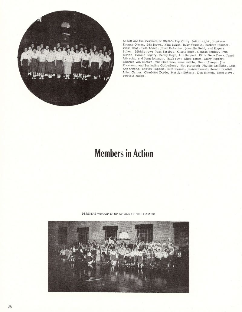 1956 Evonne Orman, Iris Brown, Mita Buker, Ruby Younkin, Barbara Fischer, Vicki Hoyt, Lela Leach, Janet Holscher, Joan Hatfield, Rogene Buker, Joan Farabee, Gloria Beck, Connie Teply, Krma Burton, Connie Loghry, Becky Hoyt, Ann Ruppert, Dilla Dene Darra, Janet Albrecht, Joan Johnson, Alice Tatum, Mary Ruppert, Charles Van Cleave, Tim Greenlee, Zane Quible, David Joseph, Jim Thomann, Bernadine Gutherless, Phyllis Girffiths, Lois Ann Owens, Shirley Ruppert, Ruth Zysset, Janice Zysset, Kerwin Douthit, Allen Carper, Charlotte Doyle, Marilyn Eckerle, Don Hinton, Sheri Hoyt, Patricia Knepp,