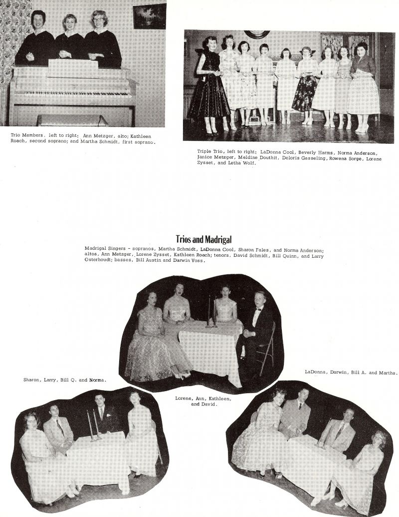 1956 Ann Metzger, Kathleen Roach, Martha Schmidt, LaDonna Cool, Beverly Harms, Norma Anderson, Alice Metzger, Meldine Douthit, Deloris Gasseling, Rowena Sorge, Lorene Zysset, Letha Wolf, Martha Schmidt, LaDonna Cool, Sharon Fales, Norma Anderson, Ann Metzger, Lorene Zysset, Kathleen Roach, David Schmidt, Bill Quinn, Larry Osterhoudt, Bill Austin, Darwin Voss,   