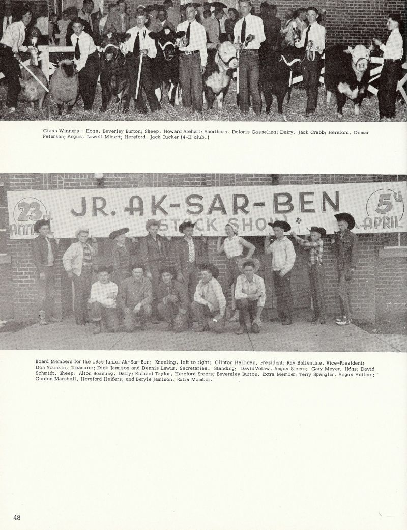 1956 Beverley Burton, Howard Arehart, Deloris Gasseling, Jack Crabb, Demar Petersen, Lowell Minert, Jack Tucker, Clinton Halligan, Ray Ballentine, Don Younkin, Dick Jamison, Dennis Lewis, David Votaw, Gary Meyer, David Schmidt, Alton Bossung, Richard Taylor, Bevereley Burton, Terry Spangler, Gordon Marshall, Beryle Jamison,   