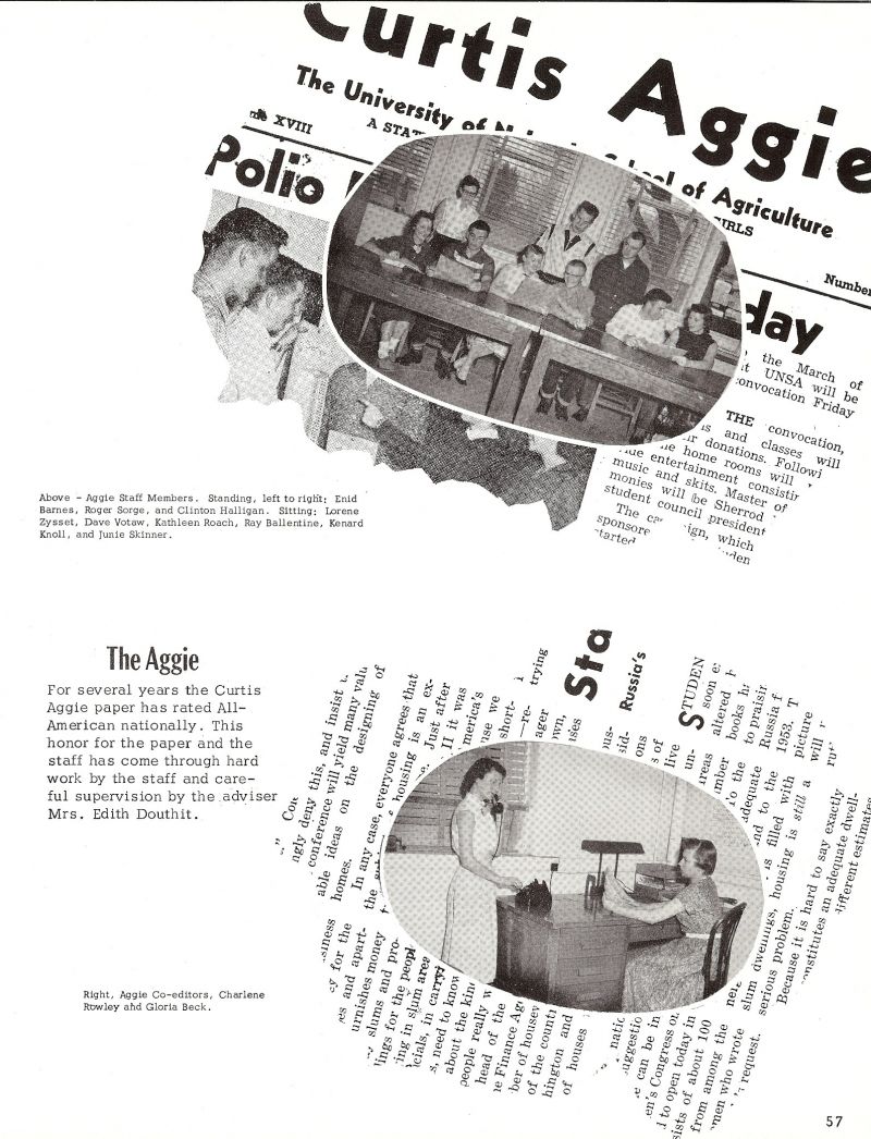 1956 Enid Barnes, Roger Sorge, Clinton Halligan, Lorene Zysset, Dave Votaw, Kathleen Roach, Ray Ballentine, Kenard Knoll, Julie Skinner, Edith Douthit, Charlene Rowley, Gloria Beck,