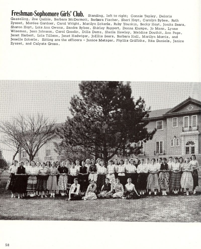 1956 Connie Teply, Deloris, Gasseling Zoe Quible, Barbara McDermott, Barbara Fischer, Sheri Hoyt, Carolyn Bybee, Ruth Zysset, Mardee Gardner, Carol Wright, Marilyn Eckerle, Ruby Younkin, Becky Hoyt, Jonita Sears, Sharon Hoyt, Lois Ann Owens, Sandra Bybee, Shirley Ruppert, Donna Klumpe, Jo Mann, Lynne Wiseman, Jean Johnson, Carol Goodin, Dilla Derra, Sheila Hawley, Meldine Douthit, Ann Page, Janet harbert, Lola Tillson, Hanet Hadwiger, JoEllis Sears, Barbara Hall, Marilyn Morris, Jenelle Eckerle, Janice Metzger, Phyllis Griffiths, Rita Daniels, Janice Zysset, Calysta Gross,      