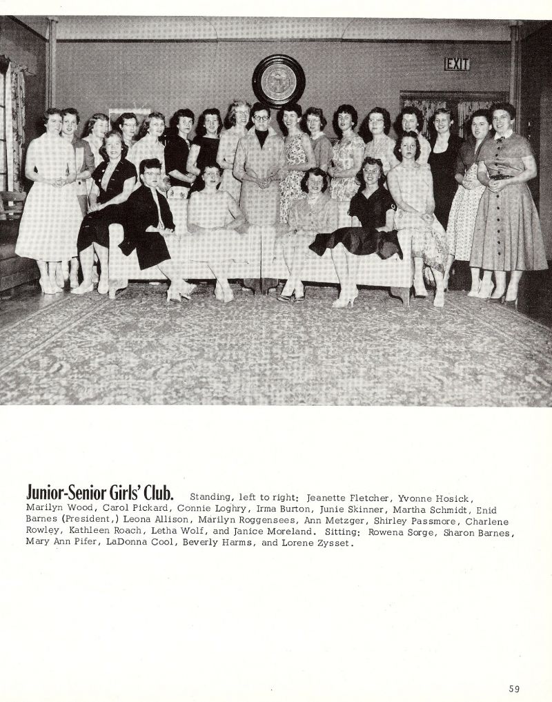 1956 Jeanette Fletcher, Yvonne Hosick, Marilyn Wood, Carol Pickard, Connie Loghry, Irma Burton, Junie Skinner, Martha Schmidt, Enid Barnes, Leona Allison, Marilyn Roggensees, Ann Metzger, Shirley Passmore, Charlene Rowley, Kathleen Roach, Letha Wolf, Janice Moreland, Rowena Sorge, Sharon Barnes, Mary Ann Pifer, LaDonna Cool, Beverly Harms, Lorene Zysset,  