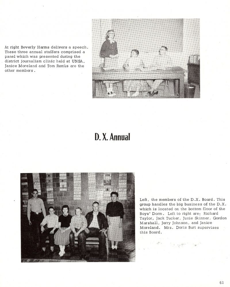 1956 Beverly Harms, Janice Moreland, Tom Remus, Richard Taylor, Jack Tucker, Junie Skinner, Gordon Marshall, Jerry Johnson, Janice Moreland, Doris Burt. Mom Burt.  
