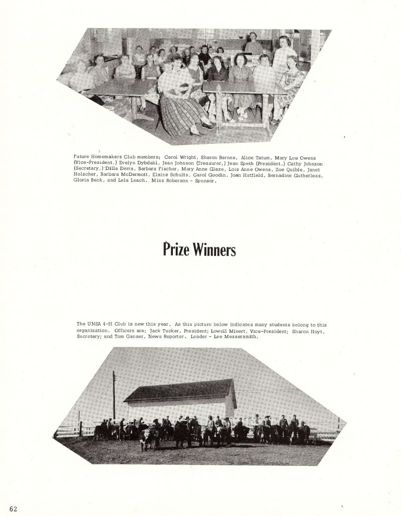 1956 Carol Wright, Sharon Barnes, Alice Tatum Mary Lou Owens, Evelyn Dybdahl, Jean Johnson, Jean Speth, Cathy Johnson, Dilla Derra, Barbara Fischer, Mary Anne Glaze, Lois Anne Owens, Zoe Quible, Janet Holscher, Barbara McDermott, Elaine Schults, Carol Goodin Joan Hatfield, Bernadine Gutherless, Gloria Beck, Lela Leach, Miss Roberson. Jack Tucker, Lowell Minert, Sharon Hoyt, Tom Ganser, Lee Messersmith.    