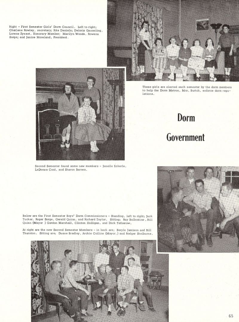 1956 Charlene Rowley, Rita Daniels, Deloris Gasseling, Lorene Zysset, Marilyn Woods, Rowena Sorge, Janice Moreland, Jenelle Eckerle, LaDonna Cool, Sharon Barnes, Mom Burtch. Jack Tucker, Roger Sorge, Gerald Quinn, Richard Taylor, Ray Ballentine, Bill Quinn, Gordon Marshall, Clinton Halligan, Dick Tetherow, Beryle Jamison, Bill Thurston, Duane Bradley, Archie Collins, Roger Shelburne, 