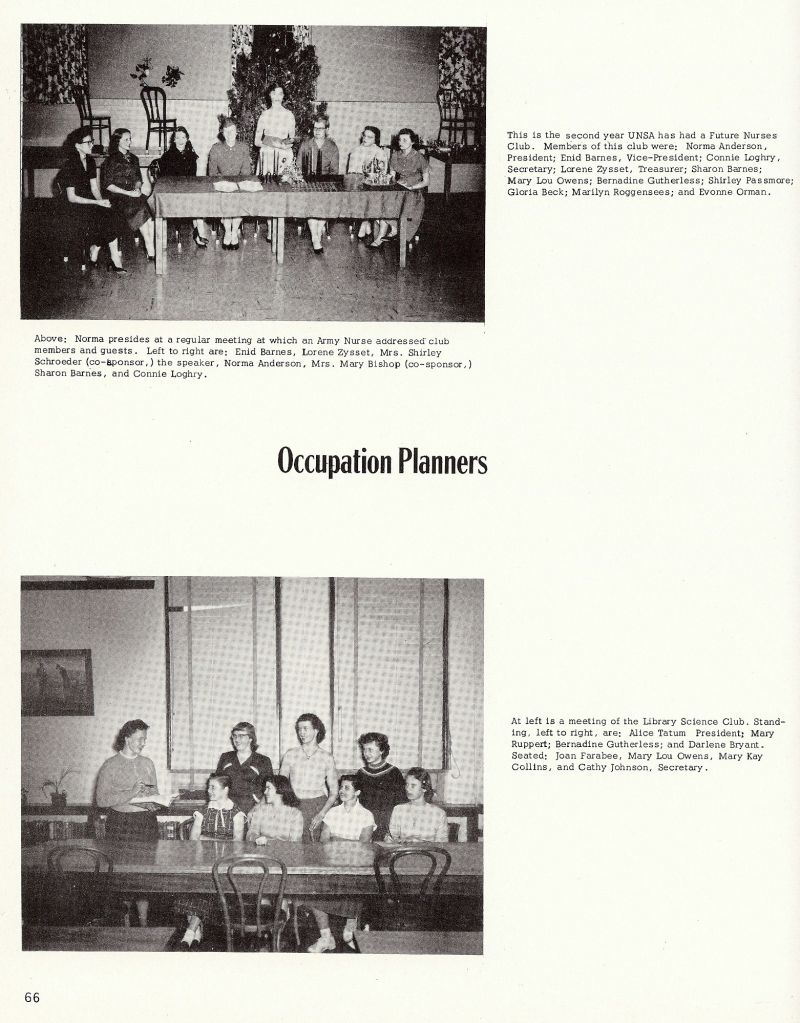 1956 Norma Anderson, Enid Barnes, Connie Loghry, Lorene Zysset, Sharon Barnes, Mary Lou Owens, Bernadine Gutherless, Shirley Passmore, Gloria Beck, Marilyn Roggensees, Evonne Orman, Alice Tatum, Mary Ruppert, Bernadine Gutherless, Darlene Bryant, Joan Farabee, Mary Lou Owens, Mary Kay Collins, Cathy Johnson,
