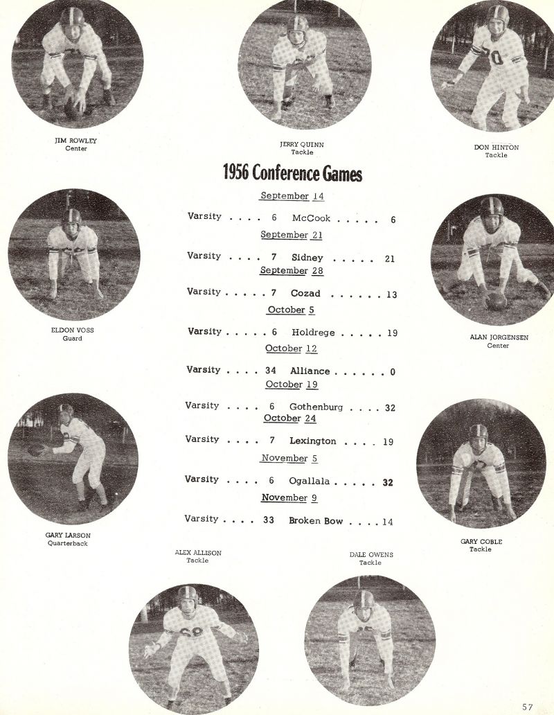 1957 Tim Rowley, Jerry Quinn, Don Hinton, Allan Jorgensen, Gary Coble, Eldon Voss, Gary Larson, Alex Allison, Dale Owens,   