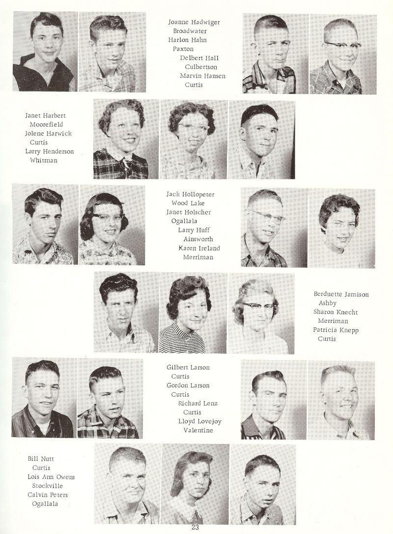 1958 Joanne Hadwiger, Harlan Hahn, Delbert Hall, Marvin Hansen, Janet Harbert, Jolene Harwick, Larry Henderson, Jack Hollopeter, Janet Holscher, Larry Huff, Karen Ireland, Berduette Jamison, Sharon Knecht, Patricia Knepp, Gilbert Larson, Gordon Larson, Richard Lenz, Lloyd Lovejoy, Bill Nutt, Lois Ann Owens, Calvin Peters,
