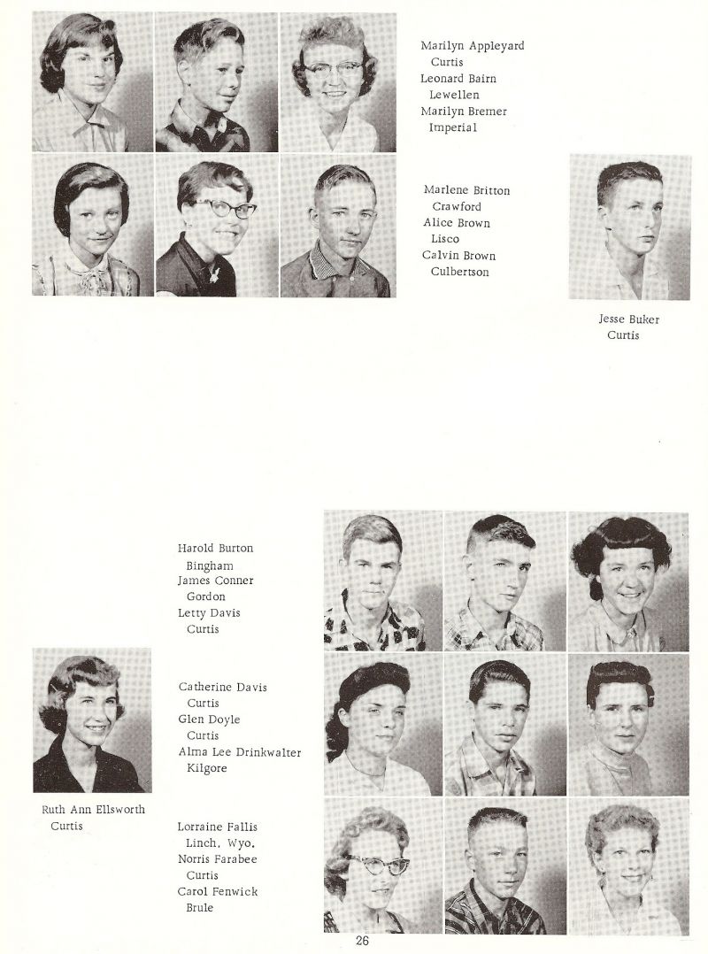 1958 Marilyn Appleyard, Leonard Bairn, Marilyn Bremer, Marlene Britton, Alice Brown, Calvin Brown, Jusse Buker, Harold Burton, Jones Conner, Letty Davis, Catherine Davis, Glen Doyle, Alma Lee Drinkwalter, Ruth Ann Ellsworth, Lorraine Fallis, Morris Farabee, Carol Fenwick,