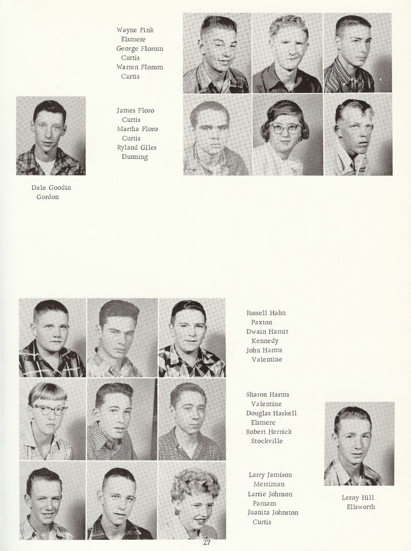 1958 Wayne Fink, George Florom, Warren Florom, James Floro, Martha Floro, Ryland Giles, Dale Goodin, Russell Hahn, Dwain Hamit, John Harms, Sharon Harms, Douglas Haskell, Robert Herrick, Larry Jamison, Larrie Johnson, Juanita Johnston, Leroy Hill, 