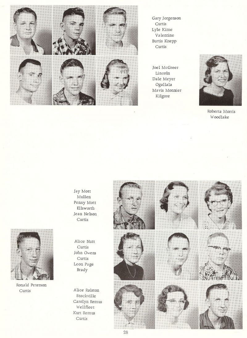 1958 Gary Jorgenson, Lyle Kime, Burtis Knepp, Joel McGreer, Dale Meyer, Mavis Monnier, Roberta Morris, Jay Mott, Penny Mott, Jean Nelson, Alice Nutt, John Owens, Leon Page, Ronald Peterson, Alice Ralston, Carolyn Remus, Kurt Remus,   