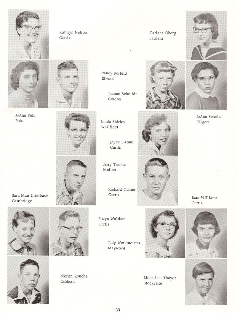 1958 Kathryn Nelson, Randy Rosfelf Jeanne Schmidt, Carlana Oberg, JoAnn Schulz, Linda Shirley, Joyce Tatum, Jerry Tucker, Richard Turner, Joan Williams, Elwyn Walther, JoAnn Puls, Jo Ann Puls, Linda Shirley, Joyce tatum, Jerry Tucker, Richard Turner, Sara Mae Utterback, Elwyn Walther, Judy Werkmeister, Linda Lou Thayer, Merlin Zoucha, Mert Zoucha,