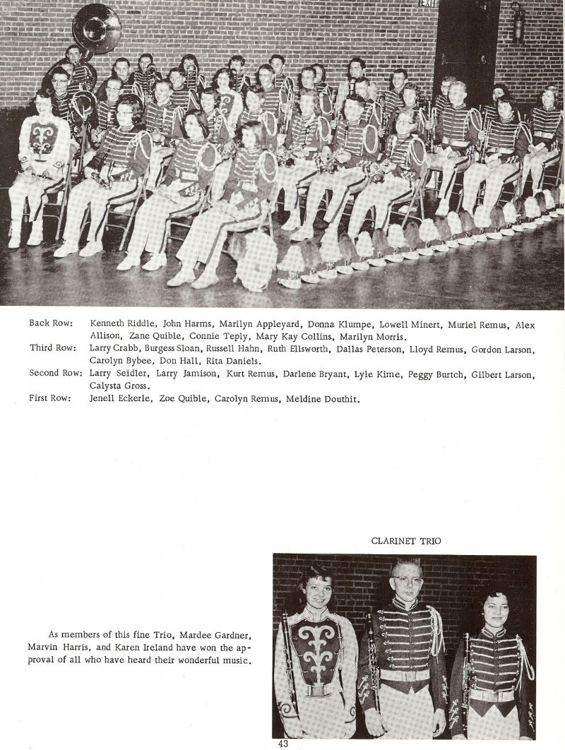 1958 Kenneth Riddle, John Harms, Marilyn Appleyard, Donna Klumpe, Lowell Minert, Muriel Remus, Alex Allison, Zane Quible, Connie Teply, Mary Kay Collins, Marilyn Morris, Larry Crabb, Gurgess Soan, Russell hahn, Ruth Ellsworth, Dallas Peterson, Lloyd Remus, Gordon Larson, Carolyn Bybee, Don Hall, Rita Daniels, Larry Seidler, Larry Jamison, Kurt Remus, Darlene Bryant, Lyle Kime, Peggy Burtch, Gilbert Larson, Calysta Gross, Jenell Eckerle, Zoe Quible, Carolyn Remus, Meldine Douthit, Mardee Gardner, Marvin Harris, Karen Ireland,    