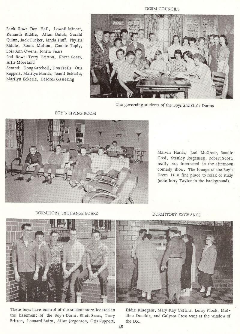 1958 Don Hall, Lowell Minert, Kenneth Riddle, Allan Quick, Gerald Quinn, Jack Tucker, Linda Huff, Phyllis Riddle, Roma Melton, Connie Teply, Lois Ann Owens, Jonita Sears, Terry Britton, Rhett Sears, Arlis Moreland, Doug Satchell, Don Frells, Otis Ruppert, Marilyn Morris Jenell Eckerle, Marilyn Eckerle, Delores Gasseling, Marvin Harris, Joel McGreer, Ronnie Cool, Stanley Jorgensen, Robert Scott, Jerry Taylor, Rhett Sears, Terry Britton, Leonard Bairn, Allan Jorgensen, Otis Ruppert, Clifford "Otis"  Ruppert, Eddie Klaegear, Mary Kay Collins, Leroy Flock, Meldine Douthit, Calysta Gross,