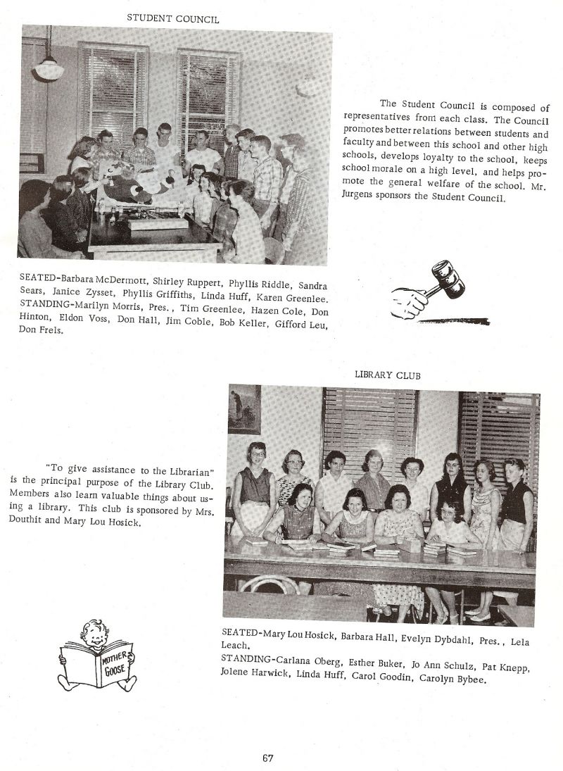 1958 Barbara McDermott, Shirley Ruppert, Phyllis Riddle, Sandra Sears, Janice Zysset, Phyllis Griffiths, Linda Huff, Karen Greenlee, Marilyn Morris, Tim Greenlee, Hazen Cole, Don Hinton, Eldon Voss, Don Hall, Jim Coble, Bob Keller, Gifford Leu, Don Frels, Mary Lou Hosick, Barbara Hall, Evelyn Dybdahl, Lela Leach, Carlana Oberg, Esther Buker, Jo Ann Schulz, Pat Knepp, Jolene Harwick, Linda Huff, Carol Goodin, Carolyn Bybee,