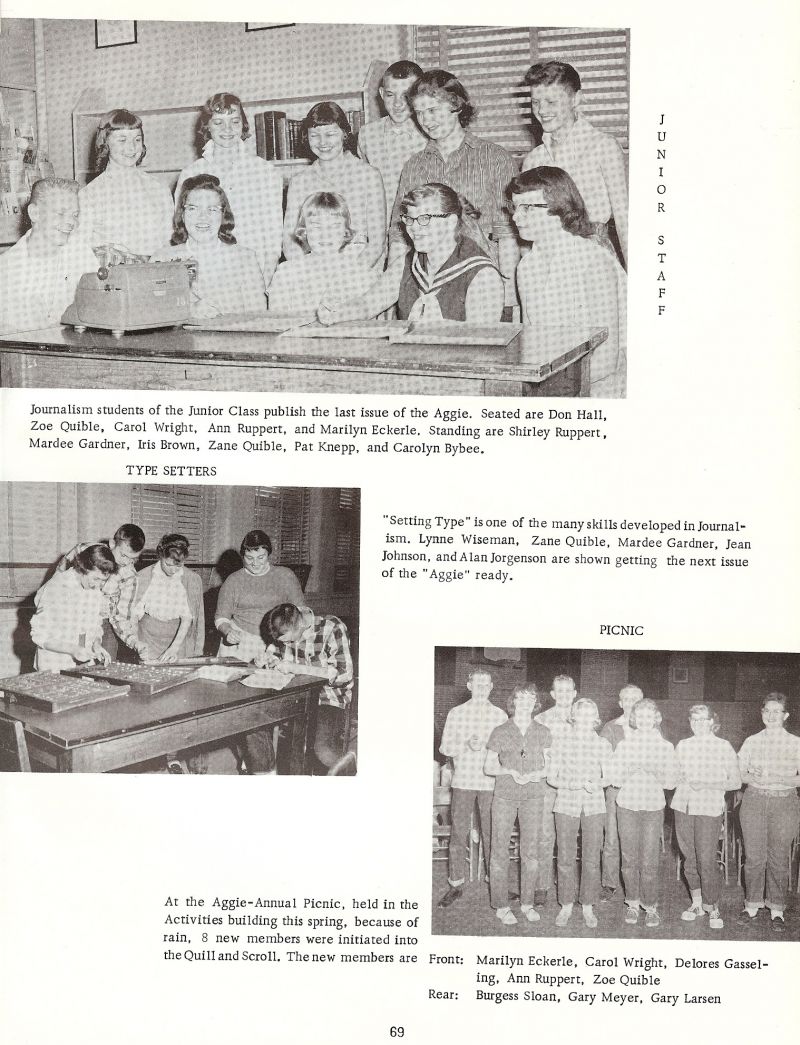 1958 Don Hall, Zoe Quible, Carol Wright, Ann Ruppert, Marilyn Eckerle, Shirley Ruppert, Mardee Gardner, Iris Brown, Zane Quible, Pat Knepp, Carolyn Bybee, Lynne Wiseman, Jean Johnson, Alan Jorgenson, Delores Gasseling, Ann Ruppert, Zoe Quible, Burgess Sloan, Gary Meyer, Gary Larsen,   