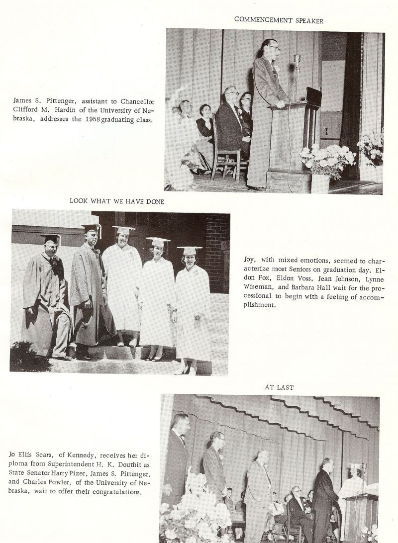 1958 James S. Pittenger. Clifford M. Hardin. Elson Fox, Eldon Voss, Jean Johnson, Lynne Wiseman, Barbara Hall, Jo Ellis Sears, H. K. Douthit. Harry Pizer. James D Pittemger. Charles Fowler.