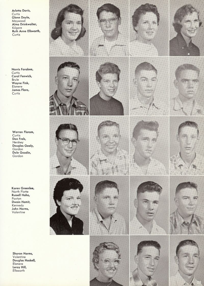 1959 Arletta Davis, Glenn Doyle, Alma Drinkwalter, Ruth Anne Ellsworth, Norris Farabee, Carol Fenwick, Wayne Fink, James Floro, Warren Florom, Don Frels, Douglas Gealy, Dale Goodin, Karen Greenlee, Russell Hahn, Dwain Hamit, John Harms, Sharon Harms, Douglas Haskell, Leroy Hill,