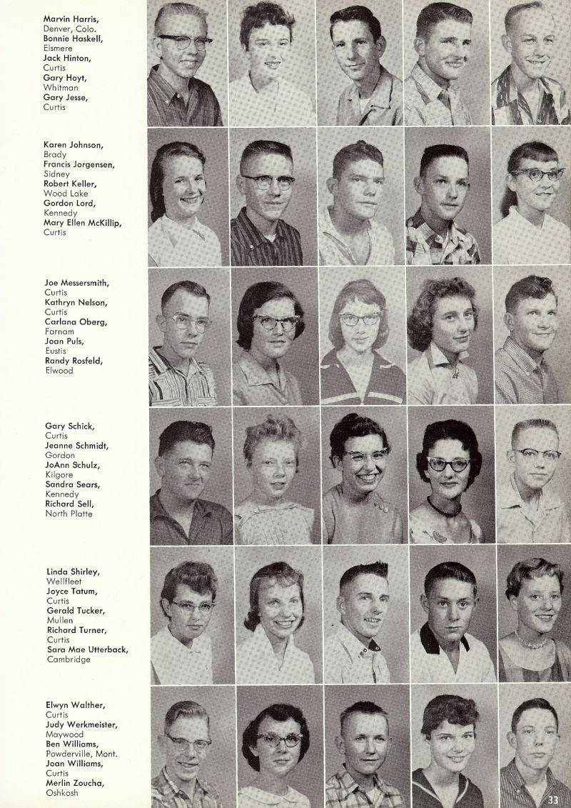1959 Marvin Harris, Bonnie Haskell, Jack Hinton, Gary Hoyt, Gary Jesse, Karen Johnson, Francis Jorgensen, Robert Keller, Gordon Lord, Marry Ellen McKillip, Joe Messersmith, Kathryn Nelson, Carlana Oberg, Joan Puls, Randy Rosfeld, Gary Schick, Jeanne Schmidt, JoAnn Schulz, Sandra Sears, Richard Sell, Linda Shirley, Joyce Tatum, Gerald Tucker, Richard Turner, Sara Mae Utterback, Elwyn Walther, Judy Werkmeister, Ben Williams, Tex Williams, Joan Williams, Merlin Zoucha, Mert Zoucha,