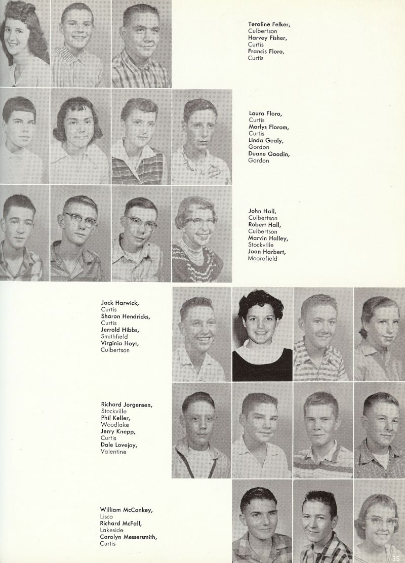 1959 Teraline Felker, Terry Felker, Harvey Fisher, Francis Floro, Laura Floro, Marlys Florom, Linda Gealy, Duane Goodin, John Hall, Robert Hall, Marvin Halley, Joan Harbert, Jack Harwick, Sharon Hendrichs, Jerrold Hibbs, Virginia Hoyt, Richard Jorgensen, Phil Keller, Jerry Knepp, Dale Lovejoy, DH Lovejoy, William McConkey, Bill McConkey, Richard McFall, Dick McFall, Carolyn Messersmith,