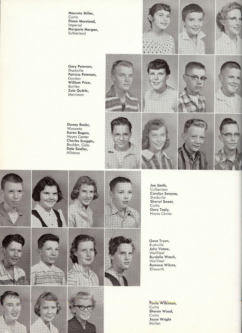 1959 Maureta Miller, Diane Moreland, Margorie Morgan, Gary Peterson, Patricia Peterson, William Prize, Zale Quible, Dorsey Resler, Karen Rogers, Charles Scoggin, Dale Seidler, Joe Smith, Carolyn Swayen, Sherryl Sweet, Gary Teply, Gene Tryon, Stan Tryon, Stanley Tryon, John Votaw, Burdella Wesch, Romona Wilcox, Paula Wilkinson, Sharon Wood, Joyce Wright,