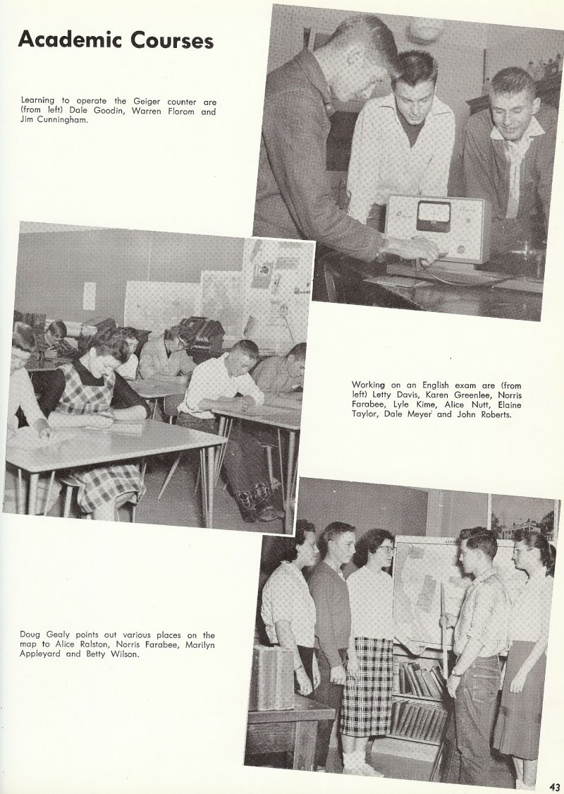 1959 Dale Goodin, Warren Florom, Jim Cunningham, Letty Davis, Karen Greenlee, Norris Farabee, Lyle Kime, Alice Nutt, Elaine Taylor, Dale Meyer, John Roberts, Doug Gealy, Alice Ralston, Norris Farabee, Marilyn Appleyard, Betty Wilson,