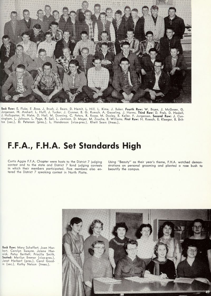 1959 Fluke, Rose, Brush, Baars, Hamit, Hill, Kime, Buker, Bryan, McGreer, Jorgensen, Arehart, Huff, Tucker, Conner, Roesch, Gasseling, Harms, Frels, Haskell, Holloperter, Hahn, Hall, Downing, Peters, Rosse, Dooley, Keller, Jorgensen, Cunningham, Johnson, Page, Sell, Jamison, Meyer, Zoucha, Williams, Roesch, Klaeger, Britton, Petersen, Henderson, Rhett Sears, Mary Schaffert, Joan Harbert, Carolyn Swayne, Jolene Harwick, Patsy Bartlett, Priscilla Smith, Marilyn Bremaer, Janet Harbert, Carol Goodin, Kathy Nelson, 