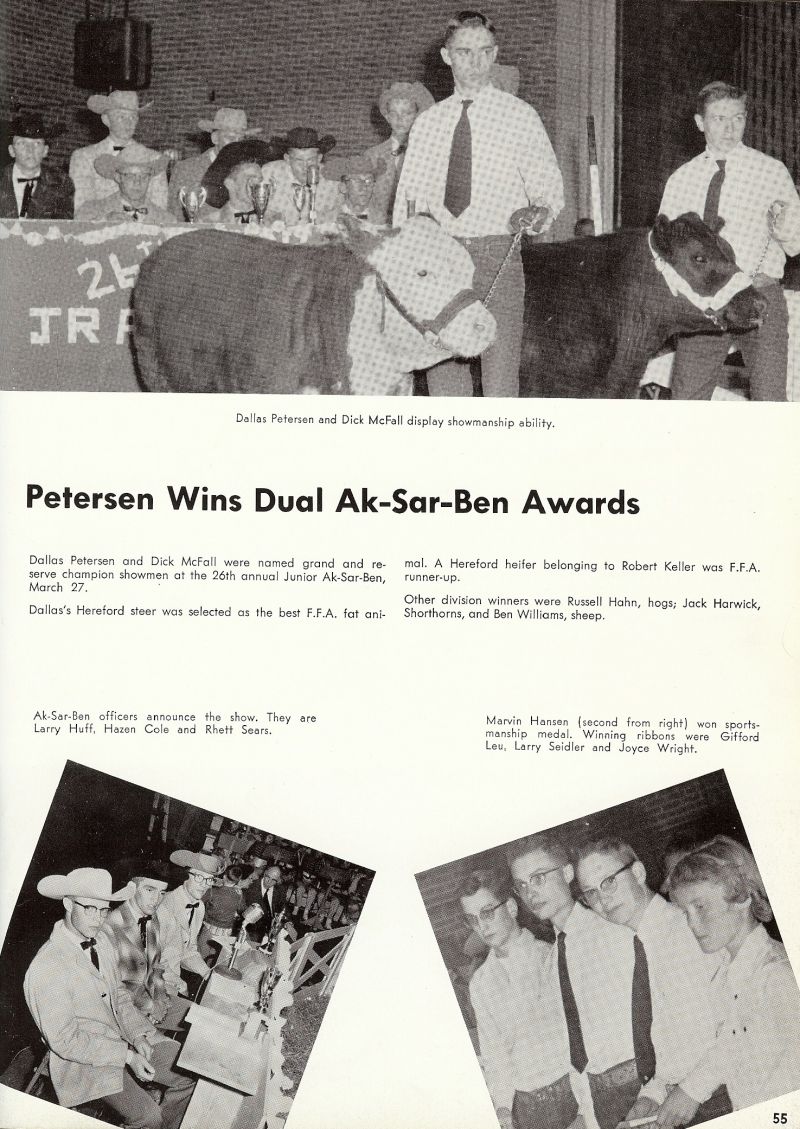 1959 Dallas Petersen, Dick McFall, Richard McFall, Robert Keller, Russell Hahn, Jack Harwick, Ben Williams, Tex Williams, Larry Huff, Hazen Cole, Rhett Sears, Marvin Hansen, Gifford Leu, Larry Seidler, Joyce Wright,