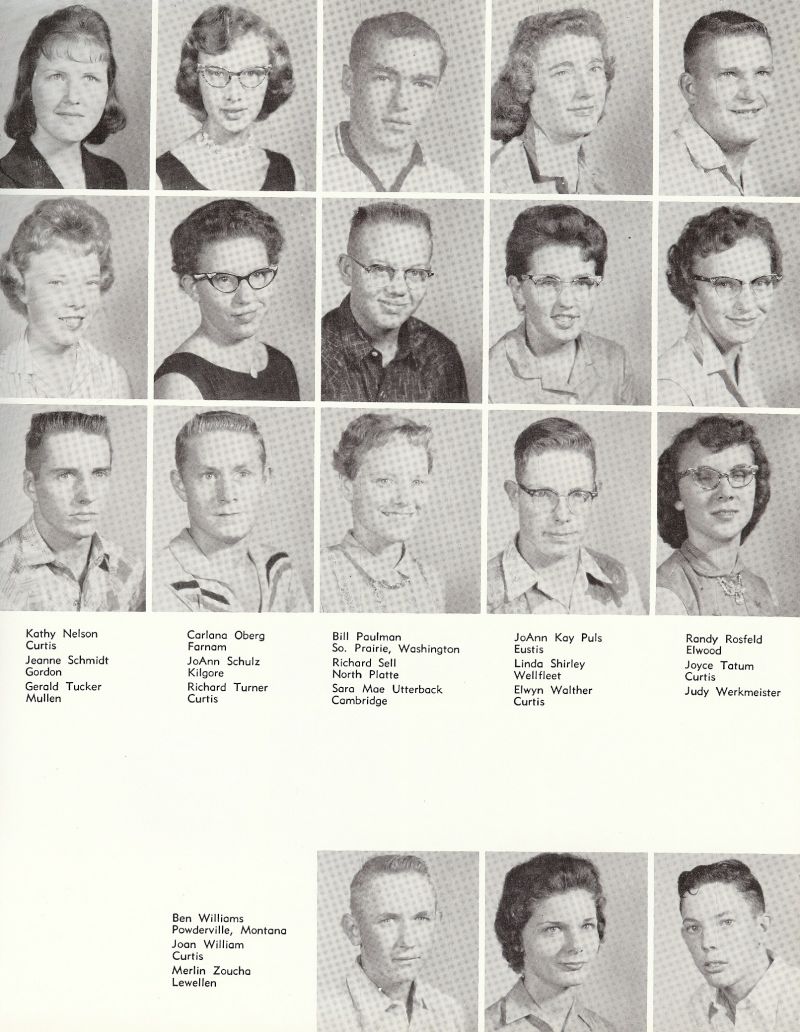1960 Kathy Nelson, Jeanne Schmidt, Gerald Tucker, Carlana Oberg, JoAnn Schulz, Richard Turner, Bill Paulman, Richard Sell, Sara Mae Utterback, JoAnn Kay Puls, Linda Shirley, Elwun Walther, Randy Rosefeld, Joyce Tatum, Judy Werkmeister, Ben Williams, Tex Williams, Joan William, Merlin Zoucha, Mert Zoucha,
