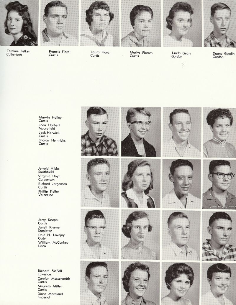 1960 Teraline Felker, Terry Felker, Francis Floro, Laura Floro, Marlys Florom, Linda Gealy, Duane Goodin, Marvin Halley, Joan Harbert, Jack Harwick, Sharon Heinricks, Jerrold Hibbs, Virginia Hoyt, Richard Jorgensen, Phillip Keller, Jerry Knepp, Janell Kramer, Dale Lovejoy, DH Lovejoy, William McConkey, Bill McConkey, Richard McFall, Carolyn Messersmith, Maureta Miller, Diane Moreland,  