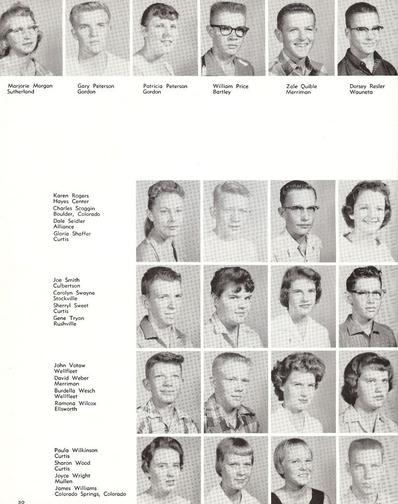 1960 Majorie Morgan, Gary Peterson, Patricia Peterson, William Price, Bill Price, Zale Quible, Dorcey Relser, Karen Rogers, Charles Scoggin, Dale Seidler, Gloria Shaffer, Joe Smith, Carolyn Swayne, Sherryl Sweet, Gene Tryon, Stan Tryon, John Votaw, David Weber, Berdella Wesch, Ramona Wilcox, Paula Wilkinson, Sharon Wood, Joyce Wright, James Williams,
