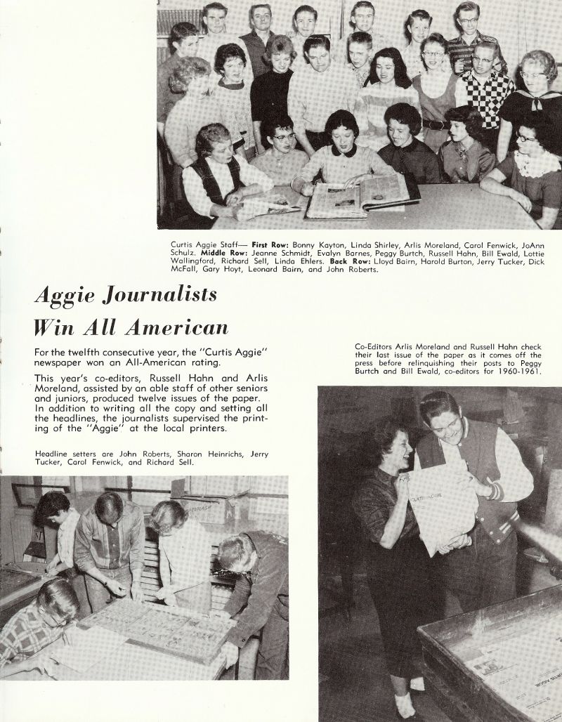 1960 Bonny Kayton, Linda Shirley, Arlis Moreland, Carol Fenwick, JoAnn Schulz, Jeanne Schmidt, Evalyn Barnes, Peggy Burtch, Russell Hahn, Bill Ewald, Lottie Wallingford, Richard Sell, Linda Ehlers, Lloyd Bairn, Harold Burton, Jerry Tucker, Dick McFall, Richard McFall, Gary Hoyt, Leonard Bairn, John Roberts, Arlis Moreland, Russell Hahn, John Roberts, Sharon Heinrichs, Jerry Tucker, 