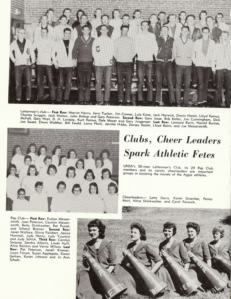 1960 Marvin Harris, Jerry Tucker, Jim Conner, Lyle Kime, Jack Harwick, Dwain Hamit, Lloyd Remus, Loyd Remus, Charles Scoggin, Jack Hinton, John Bishop, Gary Peterson, Gary Jesse, Bob Keller, Robert Keller, Jim Cunningham, Dick McFall, Richard McFall, Gary Hoyt, DH Lovejoy, Kurt Remus, Dale Mercer, Gary Jorgensen, Leonard Bairn, Harold Burton, Jim Sweet, Elwyn Walther, Bill Ewald, Leroy Flock, Jerrold Hibbs, Dorsey Resler, Lloyd Bairn, Joe Messersmith, Letty Davis, Karen Greenlee, Penny Mott, Alma Drinkwalter, Carol Fenwick, Evelyn Messersmith, Joan Peterson, Carolyn Messersmith, Betty Drinkwalter, Pat Pursel, Scheryl Bremer, Janet Wallace, Gloria Falchert, Janice Hummel, Judy Henry, Judy Younkin, Judy Schick, Carolyn Swayne, Sandra Alberts, Linda Huff, Alice Ralston, Verna Wilson, Pat Peterson, Janell Kramer, Joyce Tatum, Susan Applegate, Karen Gerken, Karen Johnson, Jo Ann Schulz,