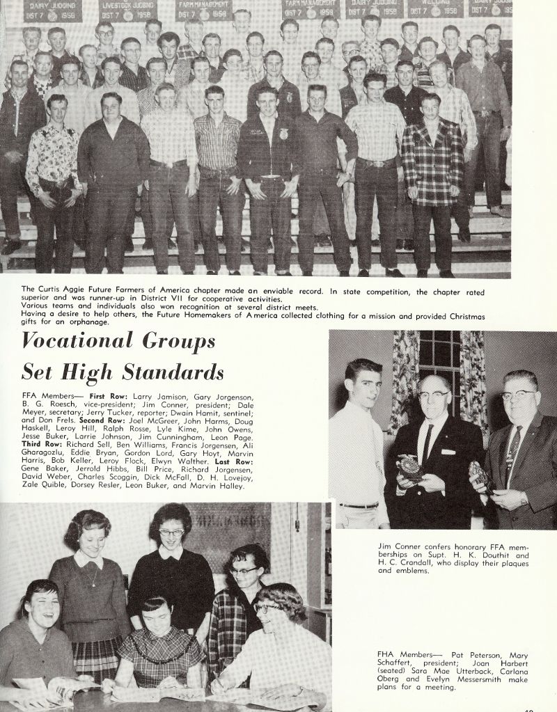 1960 Larry Jamison, Gary Jorgenson, B. G. Roesch, Jim Conner, Dale Meyer, Jerry Ticker, Dwain Hamit, Don Frels, Joel McGreer, John Harms, Doug Haskell, Leroy Hill, Ralph Rosse, Lyle Kime, John Owens, Jesse Buker, Larrie Johnson, Jim Cunningham, Leon Page, Richard Sell, Ben Wiliams, Tex Williams, Francis Jorgensen, Ali Gharagozlu, Eddie Bryan, Gordon Lord, Gary Hoyt, Marvin Harris, Bob Keller, Robert Keller, Leroy Flock, Elwyn Walther, Gene Baker, Jarrold Hibbs, Bill Price, Richard Jorgensen, David Weber, Charles Scoggin, Dick McFall, Richard McFall, DH Lovejoy, Zale Quible, Dorsey Resler, Leon Buker, Marvin Halley, H. K. Douthit. H. C. Crandall. Horace Crandall. Pat Peterson, Mary Schaffert, Joan Harbert, Sara Mae Utterback, Carlona Oberg, Evelyn Messersmith,
