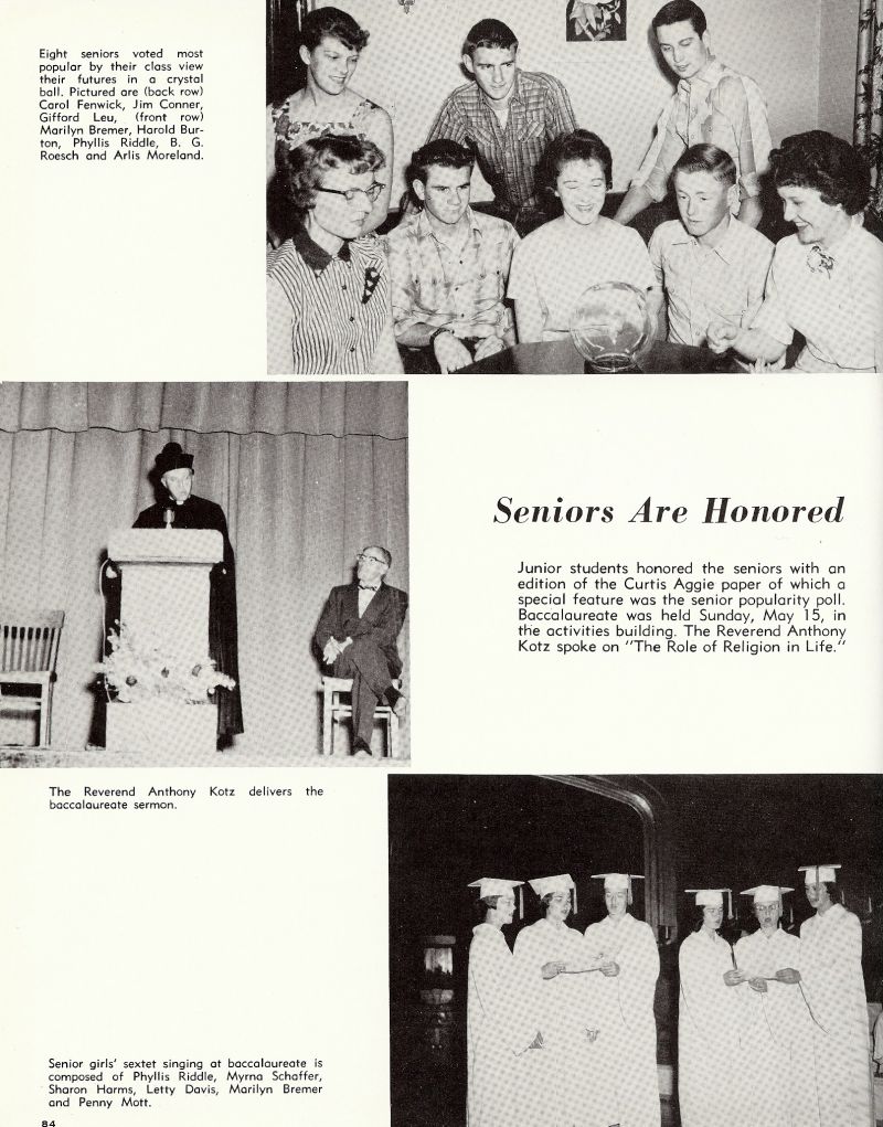 1960 Carol Fenwick, Jim Conner, Gifford Leu, Marilyn Bremer, Harold Burton, Phyllis Riddle, B. G. Roesch, Arlis Moreland, Reverend Anthony Krotz. Myrna Schaffer, Sharon Harms, Letty Davis, Marily Bremer, Penny Mott,