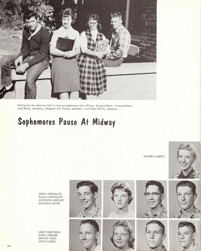 1961 Douglas Baker, Doug Baker, Judy Henry, Margaret Ann Presler, James Morris, Jim Morris, Sandra Alberts, John Applegate, Susan Applegate, Raymond Arehart, Ray Arehart, Douglas Baker, Larry Bornson, Sheryl Bremer, Dennis Cork, John Floro, 
